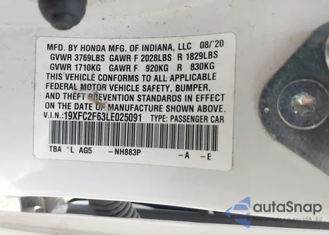 2020 Honda Civic Lx z USA, uszkodzony, nr VIN 19XFC2F63LE025091